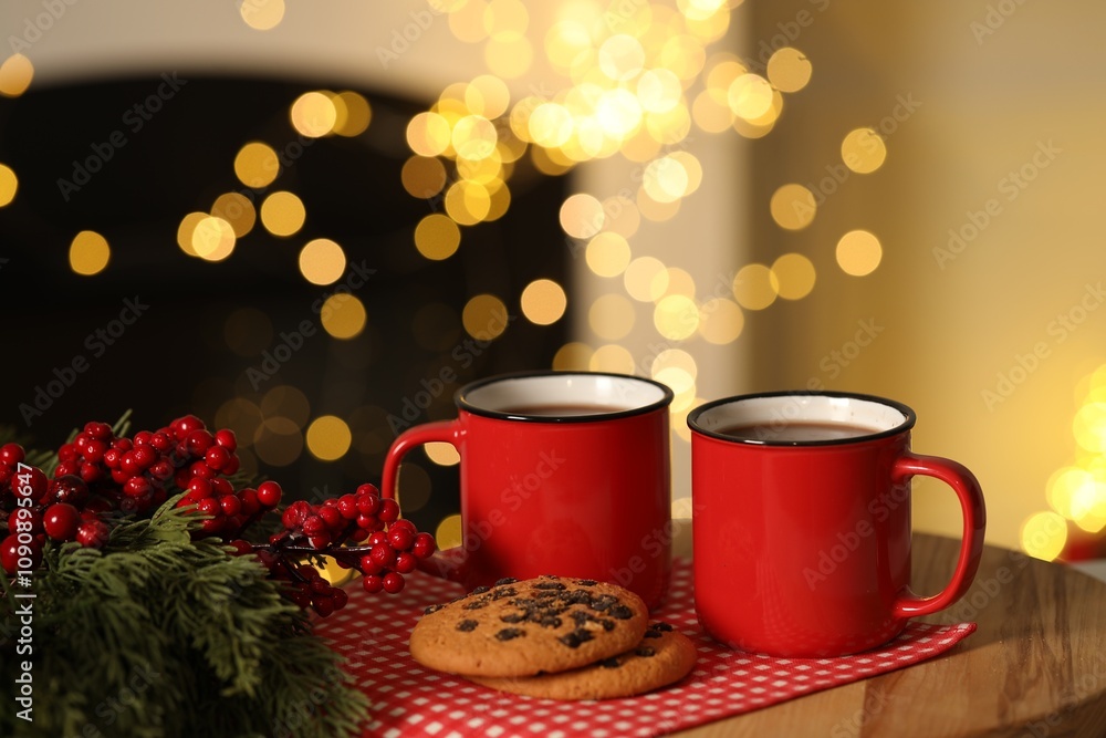 Fototapeta premium Tasty cocoa in cups, chocolate chip cookies and decorative branches on table against blurred Christmas lights. Bokeh effect
