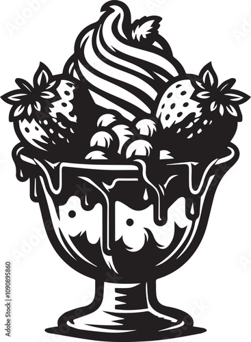 Retro-style black and white illustration of a decadent strawberry ice cream sundae. A vintage-inspired, black and white graphic of a large ice cream sundae.