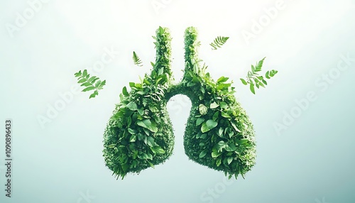 A pair of lungs made from green leaves and plants floating in the sky The background is light blue creating an atmosphere full of nature