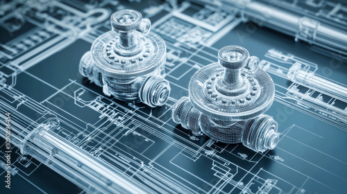 Industrial pipe, valve and handwheel in a 3d wireframe projection. Industrial blueprint concept. photo