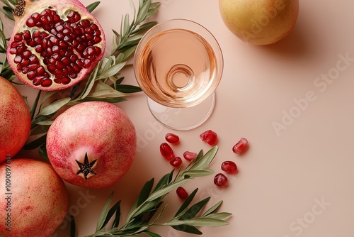 Refreshing Pomegranate Drink Displayed With Fresh Pomegranates and Leaves on a Light Background