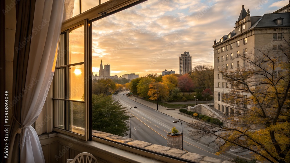 Fototapeta premium Scenic view from an open window overlooking a peaceful city street during autumn sunrise. Colorful trees and historic architecture create a serene and picturesque urban atmosphere.