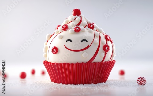 3D ccar with red and white icing, decorated with candy buttons, smiling face, classic and festive on a white background  photo