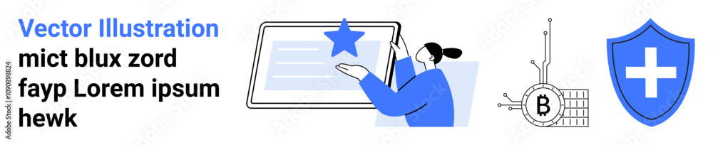 Fototapeta premium Person interacting with touchscreen, Bitcoin blockchain element, shield with cross symbol. Ideal for tech tutorials, cybersecurity, digital management, blockchain technology, educational content