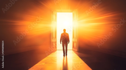The image features a silhouette of a man standing in a doorway, facing a radiant and warm sunset. The doors are wide open, revealing the light streaming through, illuminating the interior space. 