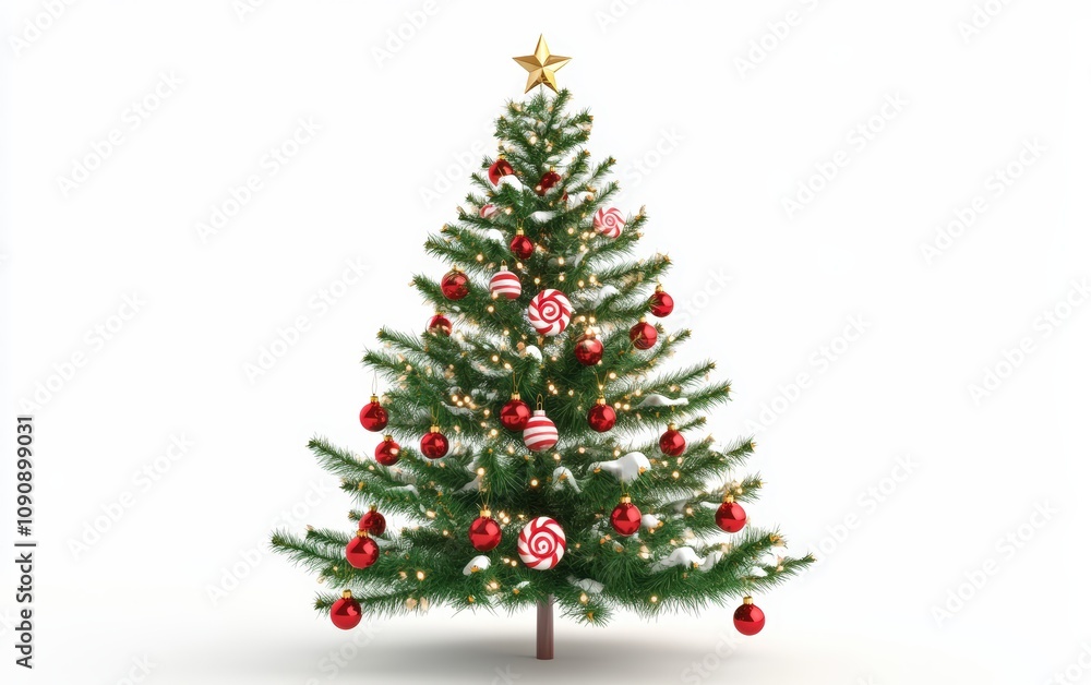 3D christmas tree decorated with candy buttons, smiling face, classic and festive on a white background 3D christmas tree decorated with candy buttons, smiling face, classic and festive on a white background