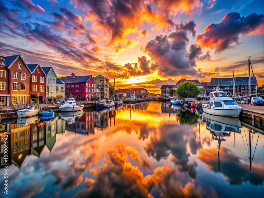 Fototapeta premium Serene City Harbour at Sunset: A Captivating Landscape of Lush Waterfronts, Dazzling Lights, and Reflective Waters in a Vibrant Urban Setting