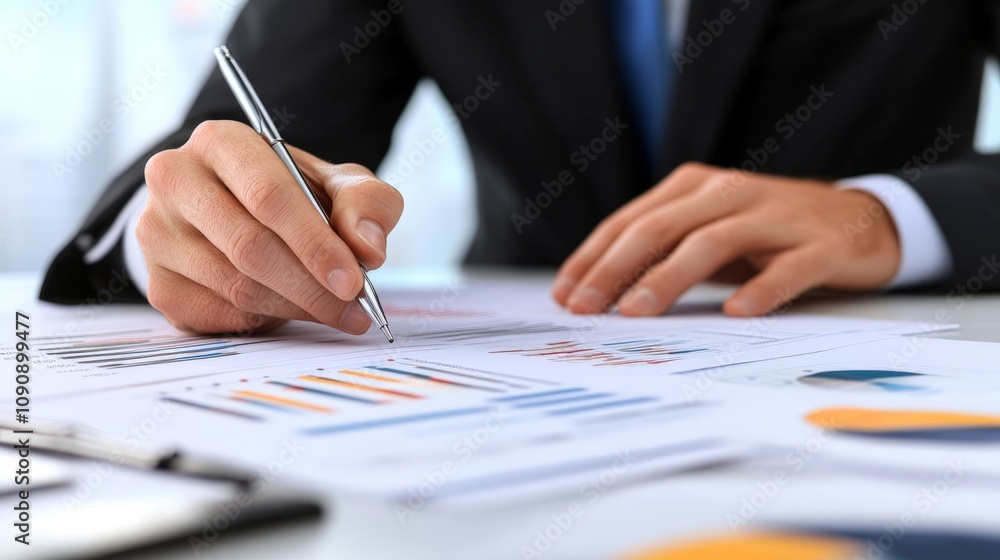 A business manager leading a financial review meeting, discussing company growth, isolated on a white background A business manager leading a financial review meeting, discussing company growth, isolated on a white background
