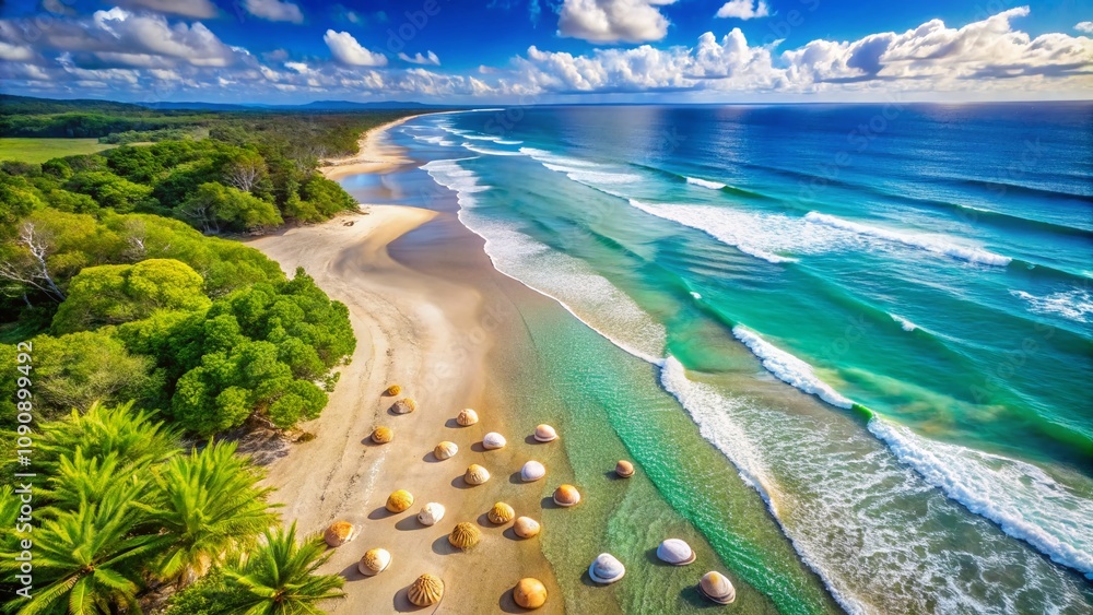 Obraz premium Serene Coastal Landscape with Crystal Clear Waters and Soft Sandy Beach Under Bright Blue Sky, Perfect for Relaxation and Vacation Inspiration
