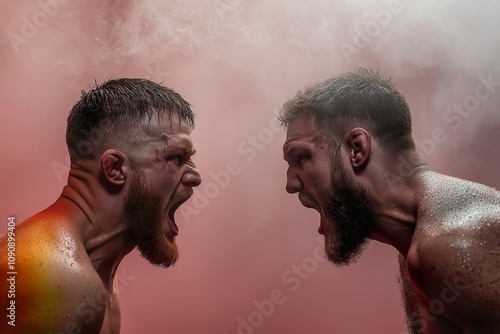 Two fighters facing each other very closely in the ring. Looking at each other angry. Screaming at each other. Effects with lights and pink smoke. CInematic, artistic, setup. photo