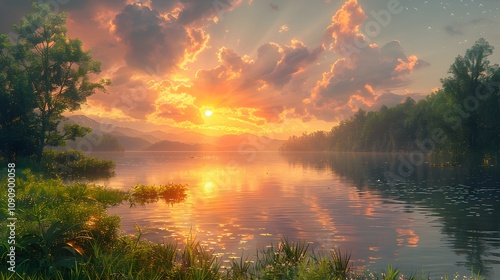 A serene landscape with a vibrant sunset reflect. AI geberated photo