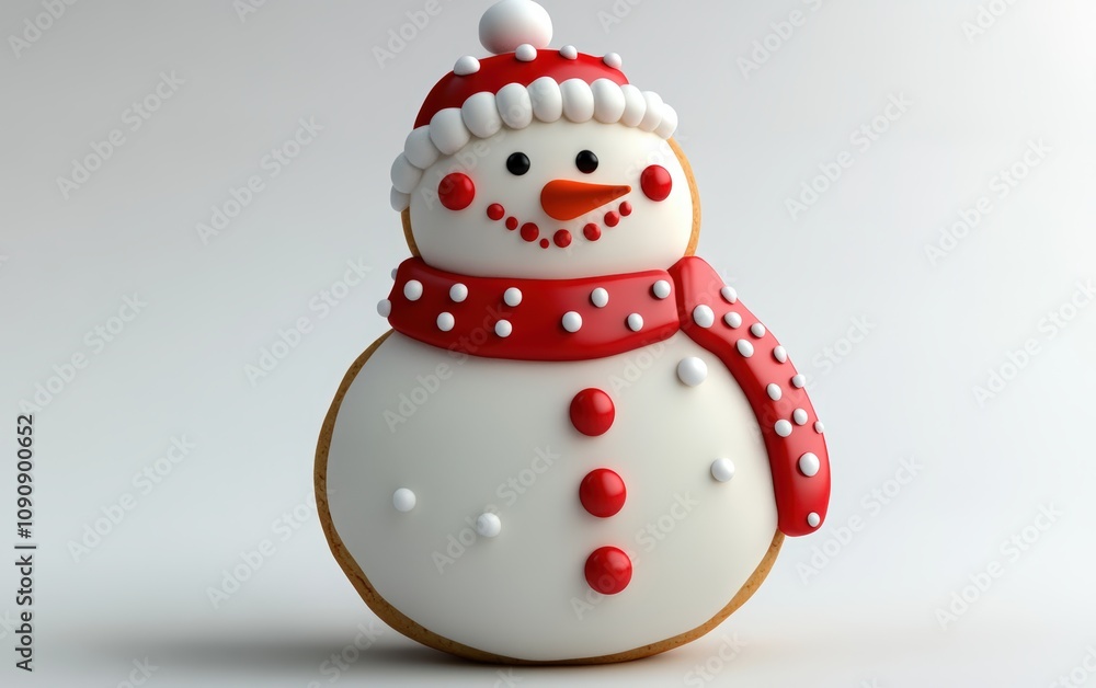 Fototapeta premium 3D snowman cookie character with red and white icing, decorated with candy buttons, smiling face, classic and festive on a white background 