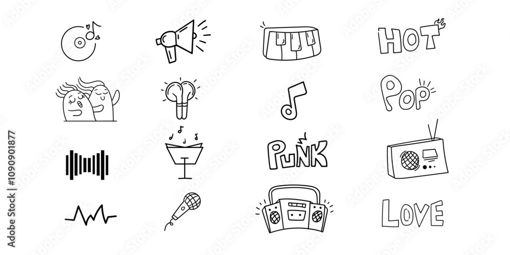 Fototapeta premium Music theme doddle set,Hand drawn sound scribble design collection pack,pop music editable icon, flat image related sound set.