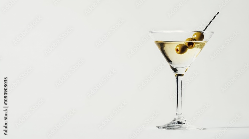 A chilled martini with an olive garnish, served in a classic martini glass, isolated on a white background A chilled martini with an olive garnish, served in a classic martini glass, isolated on a white background