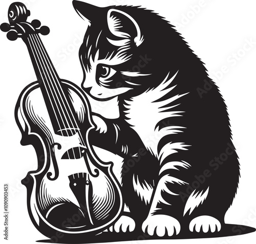 Cute Cat Admiring a Violin. A charming black and white illustration of a kitten gazing intently at a violin.