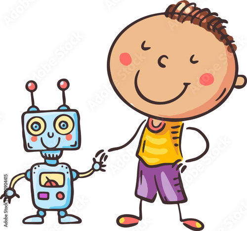 Doodle boy playing with toy robot. Cartoon kid using electronic devices, chil...