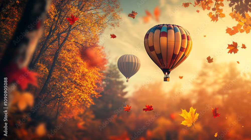 Naklejka premium Hot air balloons ascending over an autumn forest with golden and red leaves