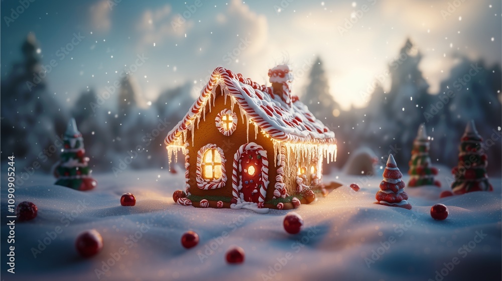 A gingerbread house with candy garland and frosti