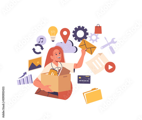 Businesswoman character working with digital business data in virtual space and cloud computing