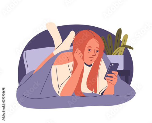 Tired sleepless young woman cartoon character surfing internet suffering from insomnia at night