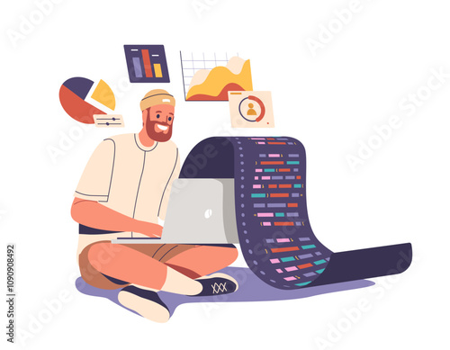 Man software developer character engaged in website optimization, testing code, collecting statistic