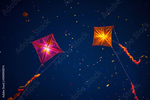 Beautiful greeting card with colorful kites soaring high above vibrant sky to holiday composition photo