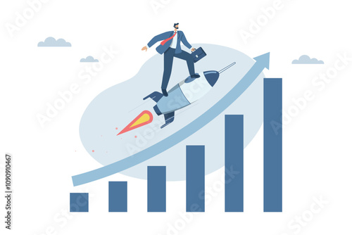 Growth or business progress achieves goals beyond expectations, Successful business ideas, Investments that exceed expectations, Businessman riding a rocket up with a high growing bar graph.