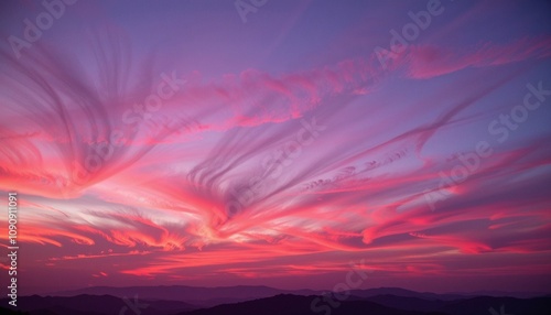 Stunning sunset sky with swirling pink and purple clouds over mountain silhouettes