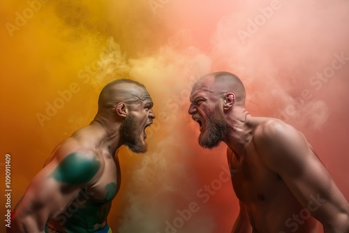 Two MMA fighters facing each other very closely in the ring. Looking at each other angry. Screaming at each other. Effects with lights and colorful smoke. CInematic, artistic, setup. photo