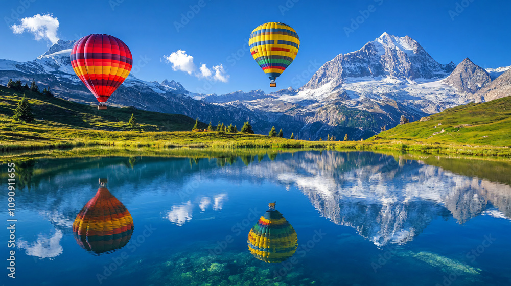 Fototapeta premium Hot air balloons reflected in a crystal-clear alpine lake with snowy peaks above