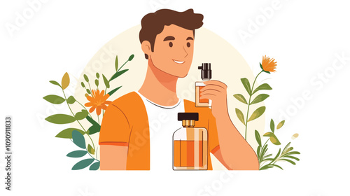 Stylish Man Applying Perfume with Sprayer for Grooming and Hygiene Concept