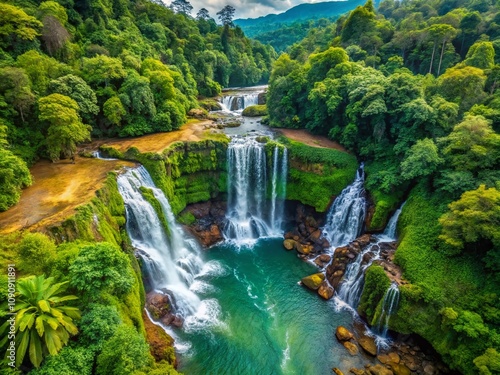 Stunning 4K Aerial View of Tad Xe Katam Waterfall in Bolaven, Laos Capturing the Beauty of Minimalist Landscapes and Serene Nature in High Resolution photo