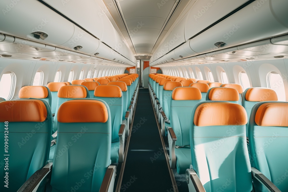 Fototapeta premium Empty airplane interior showcasing modern seating design and spacious layout. Generative AI
