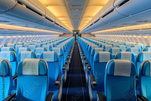 Wallpaper Mural Spacious airplane cabin with blue seating offers comfort for travelers. Generative AI Torontodigital.ca