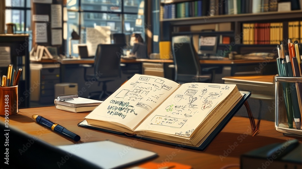 Obraz premium A close-up of a notebook with notes and sketches in a busy office setting
