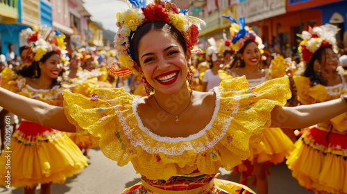 Wide-angle shot of a street parade in Barranquilla Carnival, Colombia, people dancing and cheering