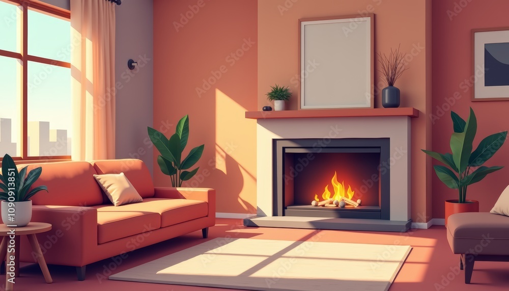 Fototapeta premium Stylish living room with a modern fireplace, bright colors, and plants for a vibrant atmosphere