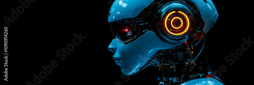 A detailed view of a blue robotic head highlighted by glowing elements, emphasizing its futuristic design and advanced technology features photo