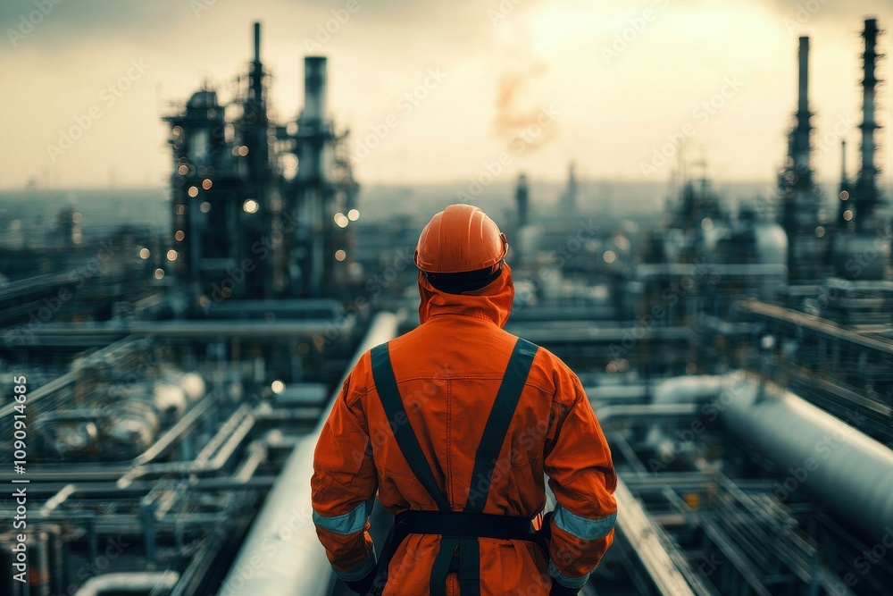 Fototapeta premium A man in an orange safety suit stands on a bridge overlooking a large industrial plant. Concept of danger and caution, as the man is wearing a hard hat and safety gear