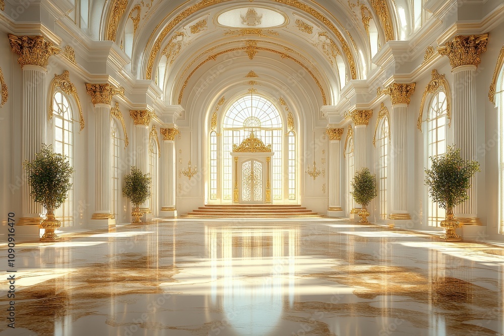 Fototapeta premium 3D render of a grand white hall featuring elegant Baroque-style columns.