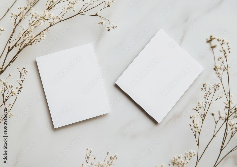 Two white cards sit on a table with flowers in the background. The cards are blank, suggesting that they are meant to be filled with information or ideas. Empty space for logo or text, mockup Two white cards sit on a table with flowers in the background. The cards are blank, suggesting that they are meant to be filled with information or ideas. Empty space for logo or text, mockup