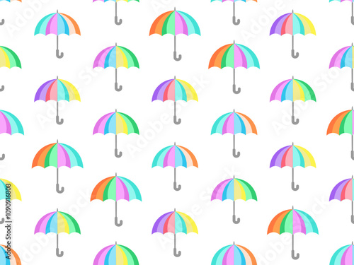 Cartoon drawing of open umbrellas seamless pattern clip art design in various colors on white background, device to shield from rain or sun heat, doodle vector illustration.
