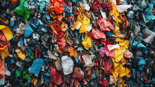 vibrant collection of compressed plastic waste in various colors, showcasing complexity of recycling processes. image highlights importance of waste management and environmental sustainability