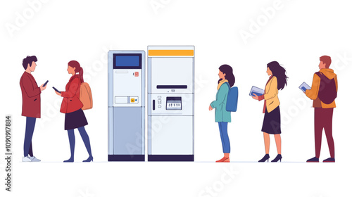 Crowd of People Waiting in Line at ATM in Financial District, Urban Banking Service Queue Concept