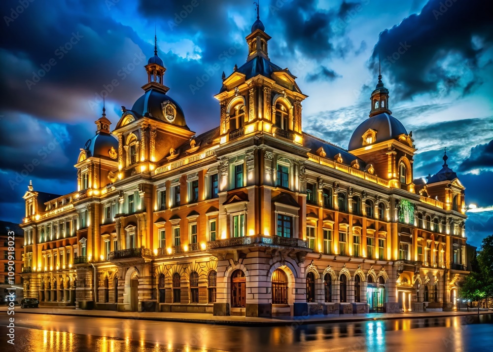 Fototapeta premium Stunning Low Light Photography of an Elegant Building at Night, Showcasing Architectural Beauty with Soft Lighting and Shadows, Ideal for Urban and Nightlife Themes