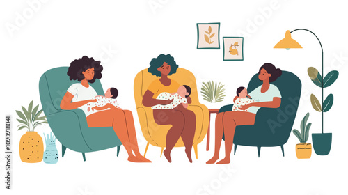Diverse Breastfeeding Mothers - One of Four, Professional Image for Healthcare and Parenting Projects