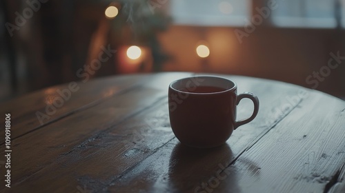 A close-up of a warm mug of tea on a wooden coffee table, capturing a simple moment of relaxation at home photo