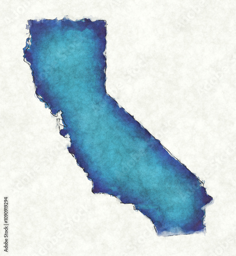 California USA map with drawn lines and blue watercolor illustration
