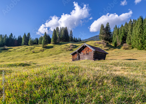 Buckelwiesen mit Heustadel bei Krün, Mittenwald, Bayern, Deutschland, Europa photo