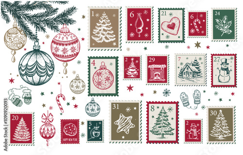 Christmas Stamps, mail, Advent calendar with tree, ball, postcard on white hand drawn illustrations.	
